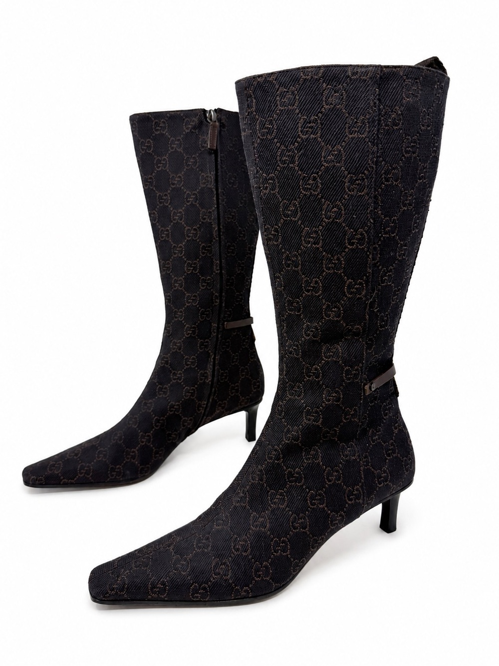 Gucci GG Monogram Canvas Brown Mid Calf Kitten Heel Boots Womens Size 8.5
